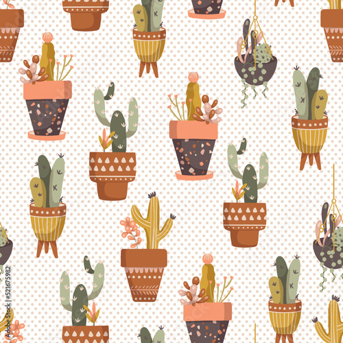 Boho Cactus Potted Plants Vector Seamless Pattern