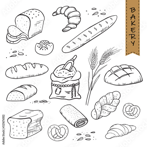 Bakery icons set. Vector hand-drawn illustration with baking bread, baguette, croissant, toast bread, a bag of flour, sprigs of wheat, pretzel, poppy seed roll, loaf, and others.