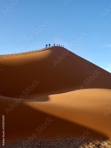 Huge big orange yellow sand dune in the desert in Namibia Africa with blue sky background and shadows on the sand walking tour expedition adventure group on top of dunes and footprints 