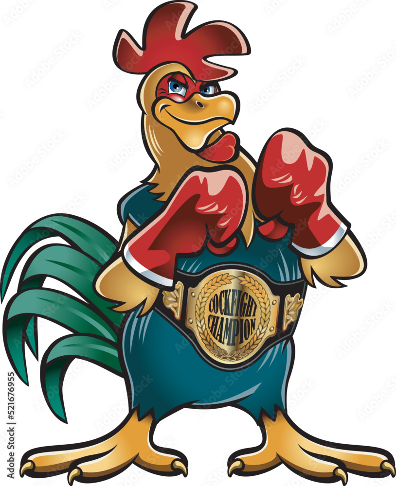 Cartoon style rooster wearing boxing gloves and champion belt

