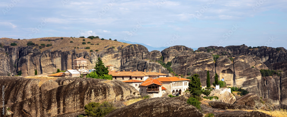 Meteora Greece Holy Trinity Agia Trias Monastery building on top of rock. Europe travel destination