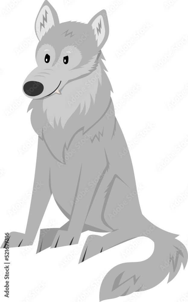 cartoon sitting wolf isolated on white background, cute vector illustration of fairytale character
