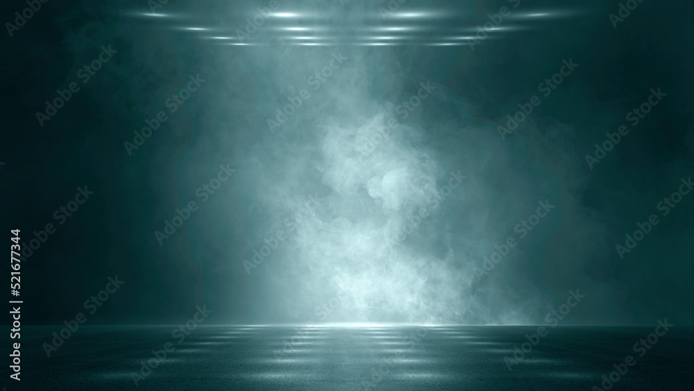 The dark stage shows, dark blue background, an empty dark scene, neon light, spotlights The asphalt floor and studio room with smoke float up the interior texture for display products - obrazy, fototapety, plakaty 