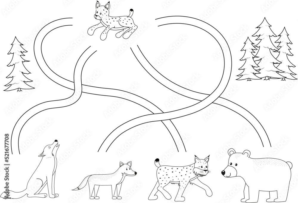 Fototapeta premium Cute maze for children. Help lynx find mum. Kids learning games. Black and white, line art. Activity page for the little ones.