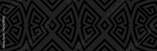 Banner, cover design. Embossed ethnic stylish 3d pattern on a black background, geometric texture. Greek vintage ornament for website, presentation, design and decor.