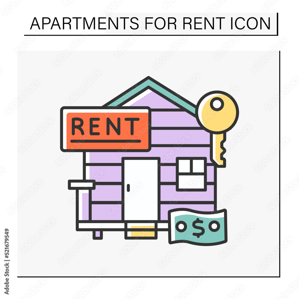 Rent color icon. Cozy wooden beach villa for lease. Summer vacation. Fixed amount of money. Apartment for rent concept. Isolated vector illustration