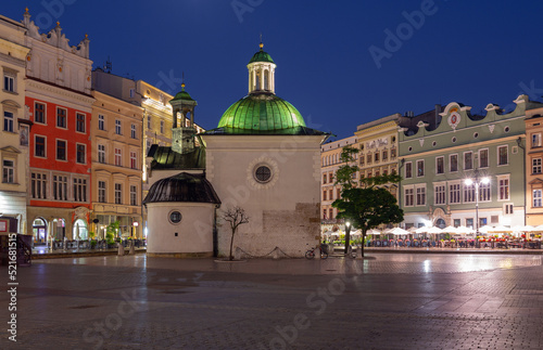 Krakow. Church of St. Wojciech on and market square at dawn.