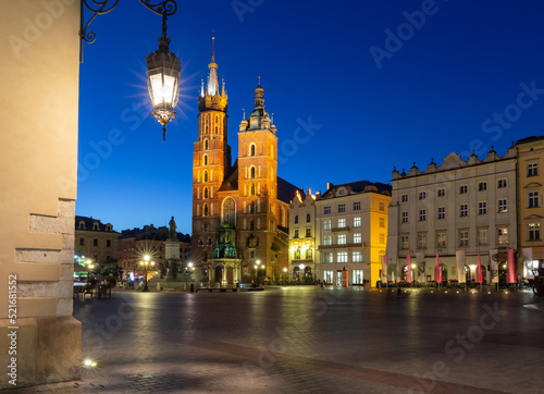 Krakow. St. Mary's Church and market square at dawn.