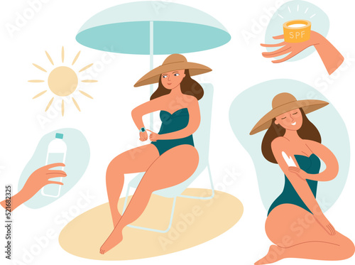 Sun tanning safety tips. Use a hat, sunscreen, sunshadow. Skin protection from the sun on the beach