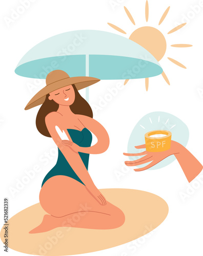 A woman at the beach applies sunscreen to her skin under a sunshadow. Sun protection concept. Healthy tanning