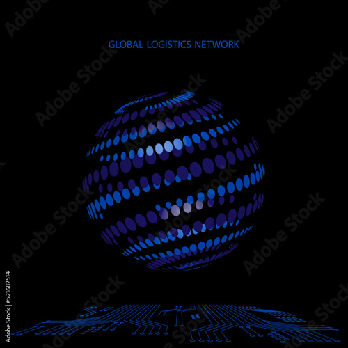 Global logistics network concept. Map global logistics partnership connection in blue on black background.  Stylized globe from points  for your design.   EPS10.