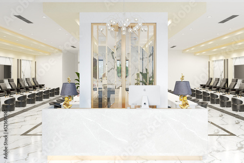 3D Render of a Nail Salon, Spa Lobby, Hotel Lobby, Waiting Area with 3D Gold Decorative Panels, Marble Reception, White Marble Floor, Modern Pendant Light, iMac