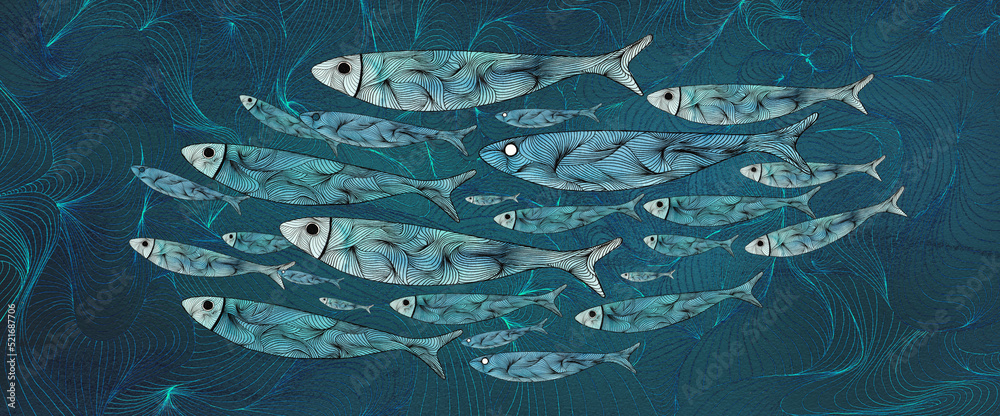 Fondo marino con peces nadando. Ilustración en acuarela y tinta. Dibujo  submarino Stock Illustration | Adobe Stock