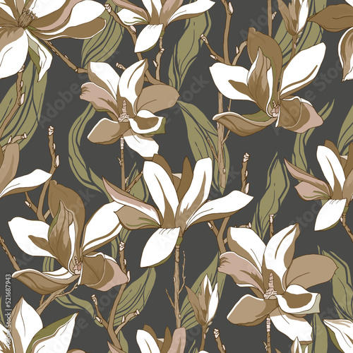 Tropical magnolia flowers on brown background, seamless pattern for fabric and textile