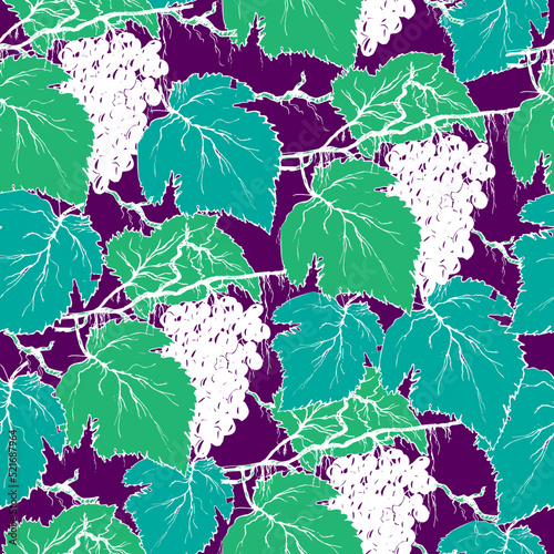 Seamless pattern of large white grapes with green leaves. Vector illustration for fabric and paper