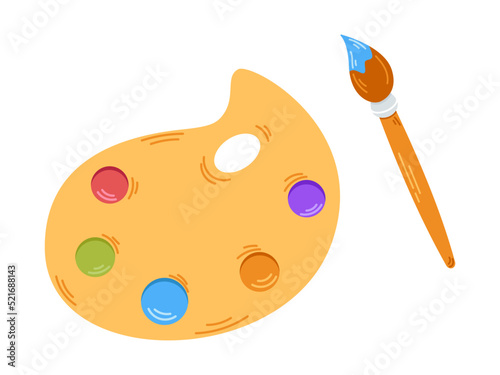 Vector painter palette and paintbrush. Cute paints. Drawing. Brush in blue paint. Back to school. Hobbies.