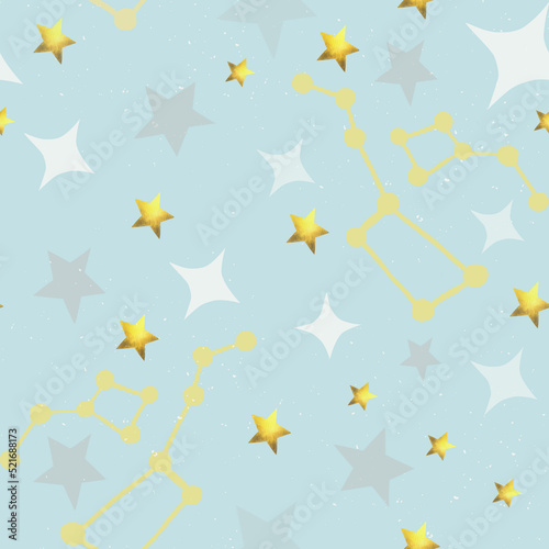 Seamless pattern stars  constellations on a blue background. Can be used for typography cards  baby clothes  baby clothes  wallpaper  bedding.