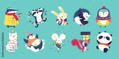 Christmas winter animal characters in simple hand drawn scandinavian style. A colorful childish cartoon in a colorful festive palette. Vector illustration.