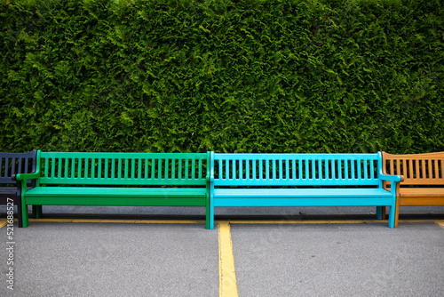 Brightly coloured benches with a tree background on tarmac with lines