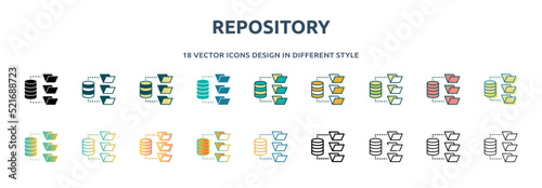 repository icon in 18 different styles such as thin line, thick line, two color, glyph, colorful, lineal color, detailed, stroke and gradient. set of repository vector for web, mobile, ui