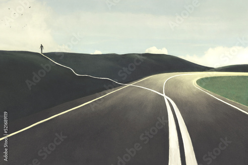 Illustration of man changing direction, surreal abstract choice concept