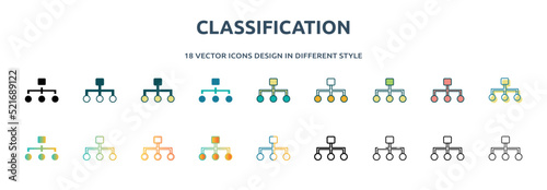 classification icon in 18 different styles such as thin line, thick line, two color, glyph, colorful, lineal color, detailed, stroke and gradient. set of classification vector for web, mobile, ui