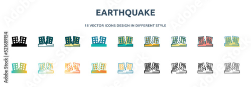 earthquake icon in 18 different styles such as thin line, thick line, two color, glyph, colorful, lineal color, detailed, stroke and gradient. set of earthquake vector for web, mobile, ui