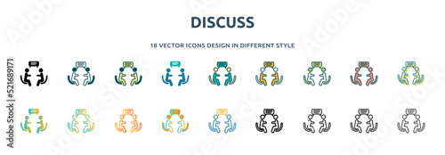 discuss icon in 18 different styles such as thin line, thick line, two color, glyph, colorful, lineal color, detailed, stroke and gradient. set of discuss vector for web, mobile, ui