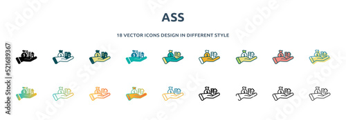 ass icon in 18 different styles such as thin line, thick line, two color, glyph, colorful, lineal color, detailed, stroke and gradient. set of ass vector for web, mobile, ui