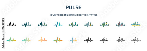 pulse icon in 18 different styles such as thin line, thick line, two color, glyph, colorful, lineal color, detailed, stroke and gradient. set of pulse vector for web, mobile, ui