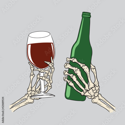 skeleton hand holding beer bottle and glass of wine