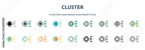 cluster icon in 18 different styles such as thin line, thick line, two color, glyph, colorful, lineal color, detailed, stroke and gradient. set of cluster vector for web, mobile, ui
