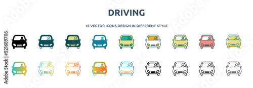 driving icon in 18 different styles such as thin line, thick line, two color, glyph, colorful, lineal color, detailed, stroke and gradient. set of driving vector for web, mobile, ui