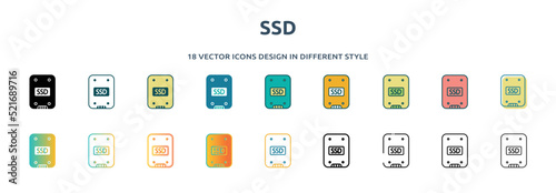 ssd icon in 18 different styles such as thin line, thick line, two color, glyph, colorful, lineal color, detailed, stroke and gradient. set of ssd vector for web, mobile, ui