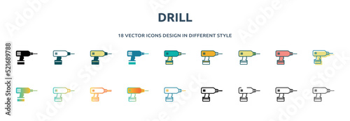 drill icon in 18 different styles such as thin line, thick line, two color, glyph, colorful, lineal color, detailed, stroke and gradient. set of drill vector for web, mobile, ui photo