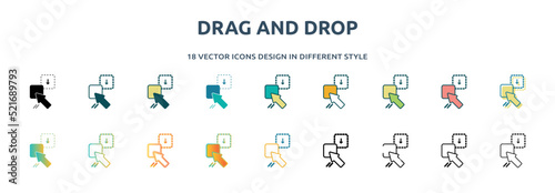 drag and drop icon in 18 different styles such as thin line, thick line, two color, glyph, colorful, lineal color, detailed, stroke and gradient. set of drag and drop vector for web, mobile, ui