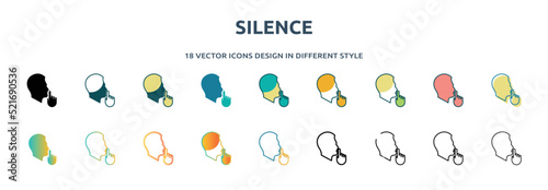 silence icon in 18 different styles such as thin line, thick line, two color, glyph, colorful, lineal color, detailed, stroke and gradient. set of silence vector for web, mobile, ui