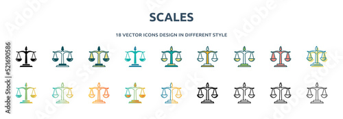 scales icon in 18 different styles such as thin line, thick line, two color, glyph, colorful, lineal color, detailed, stroke and gradient. set of scales vector for web, mobile, ui