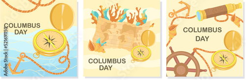 columbus day postcard compass, shell, steering wheel, rope, steering wheel, sea, algae, corals, telescope