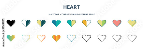 heart icon in 18 different styles such as thin line, thick line, two color, glyph, colorful, lineal color, detailed, stroke and gradient. set of heart vector for web, mobile, ui