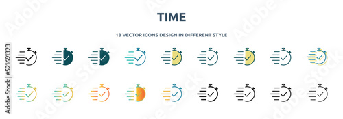 time icon in 18 different styles such as thin line, thick line, two color, glyph, colorful, lineal color, detailed, stroke and gradient. set of time vector for web, mobile, ui