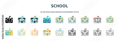 school icon in 18 different styles such as thin line, thick line, two color, glyph, colorful, lineal color, detailed, stroke and gradient. set of school vector for web, mobile, ui