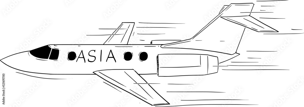 Aircraft Flying From or to Asia , Vector Cartoon Stick Figure Illustration