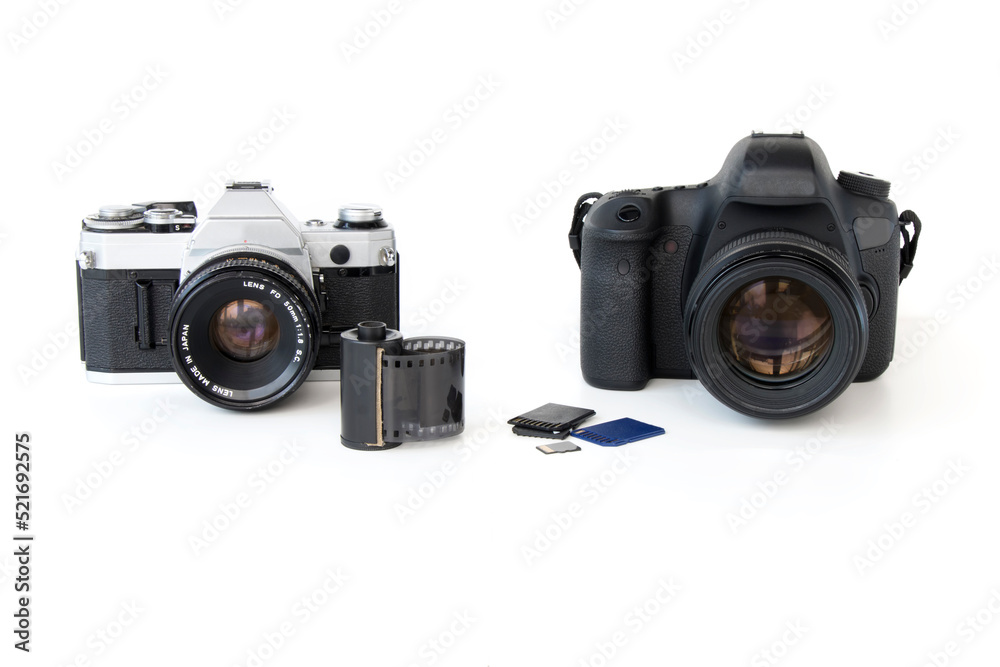 concept old film reflex camera vs digital reflex camera, on a white isolated background
