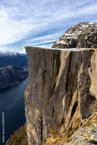 Preikestolen or Prekestolen, a 604 m high cliff in Norway, located by the Lysefjord