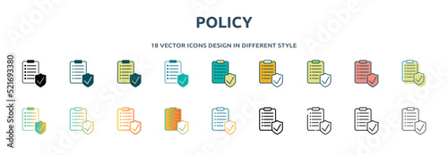 policy icon in 18 different styles such as thin line, thick line, two color, glyph, colorful, lineal color, detailed, stroke and gradient. set of policy vector for web, mobile, ui