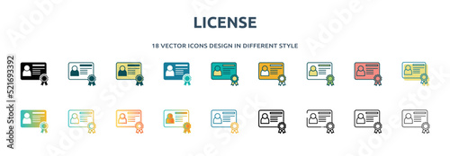 license icon in 18 different styles such as thin line, thick line, two color, glyph, colorful, lineal color, detailed, stroke and gradient. set of license vector for web, mobile, ui