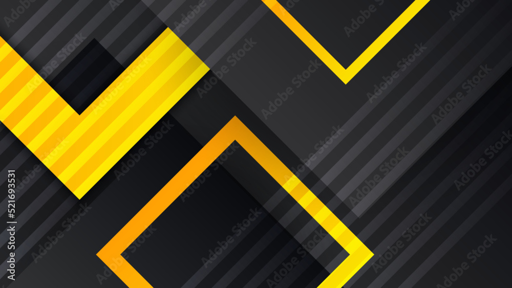 Modern black and yellow golden color shape overlap pattern on dark background with shadow. Abstract trendy color geometric shape with copy space. Futuristic and technology concept. Vector illustration
