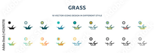 grass icon in 18 different styles such as thin line, thick line, two color, glyph, colorful, lineal color, detailed, stroke and gradient. set of grass vector for web, mobile, ui
