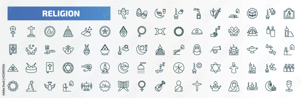 special lineal religion icons set. outline icons such as ganesha, sadaqah charity, islamic pray, ramadan crescent moon, candles, islamic minbar, sufi mystic, salah, quran rehal, diwali line icons. special lineal religion icons set. outline icons such as ganesha, sadaqah charity, islamic pray, ramadan crescent moon, candles, islamic minbar, sufi mystic, salah, quran rehal, diwali line icons.